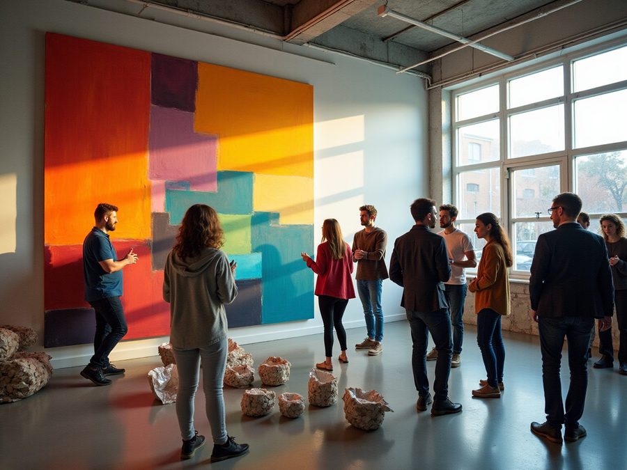 Gallery visitors discuss a large colorful abstract painting in a sunlit exhibition space.