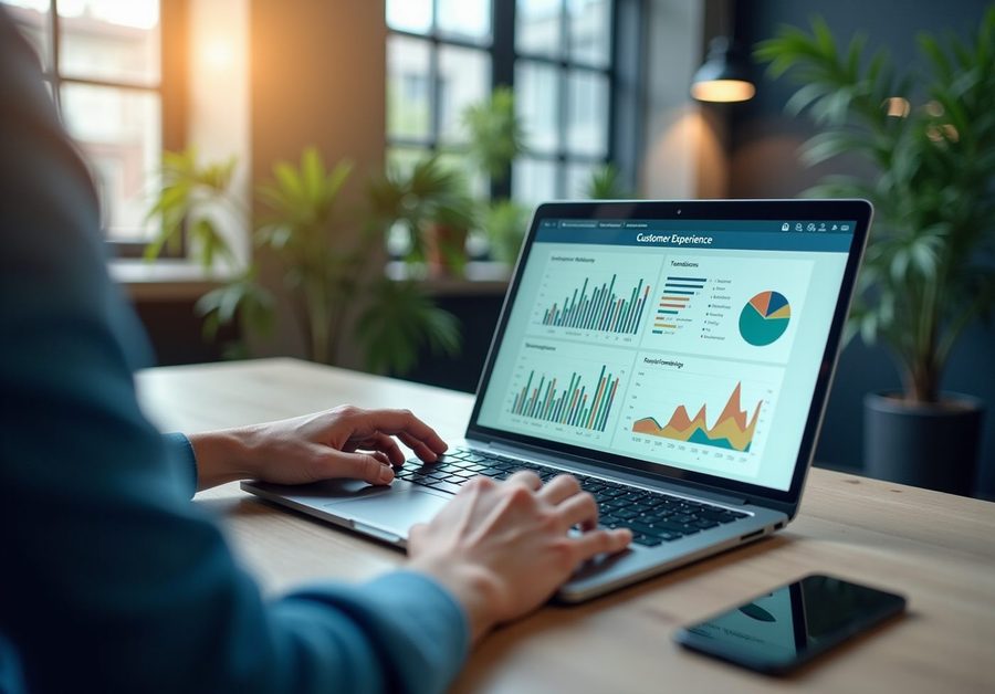 A person reviews customer-experience charts and graphs on a laptop.