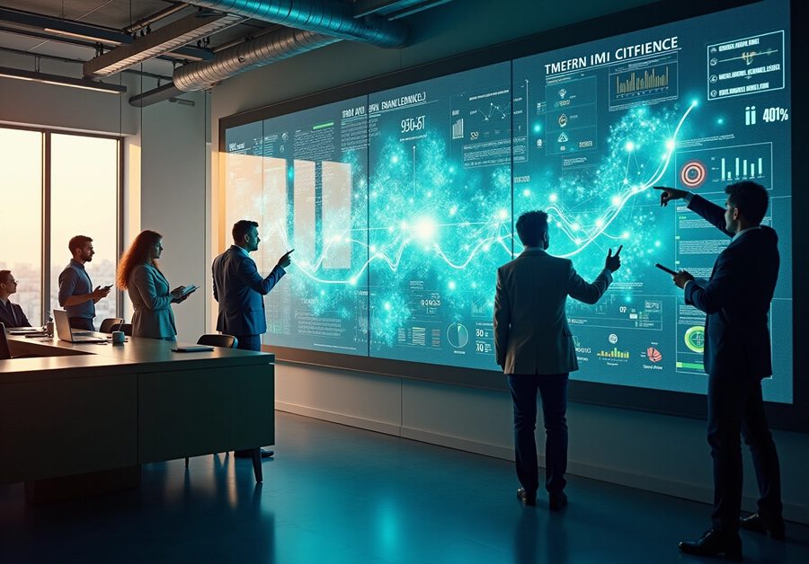 A business team studies data visualizations on a wall-sized digital display.