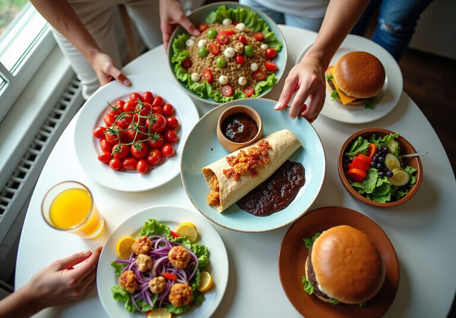 An overhead view of burgers, salads, a wrap, tomatoes, and juice arranged on a table.