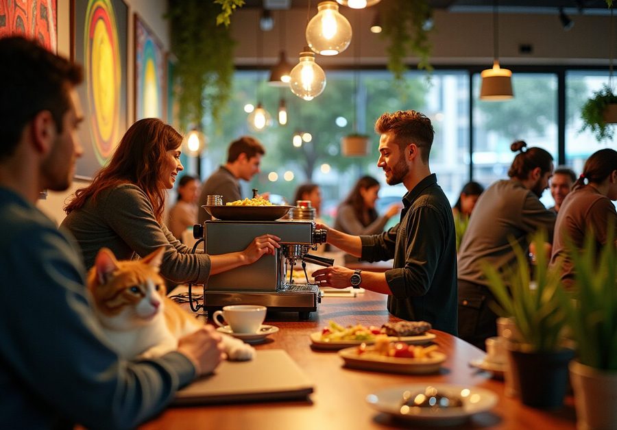 A cafe customer greets a barista while a cat sits in the foreground.