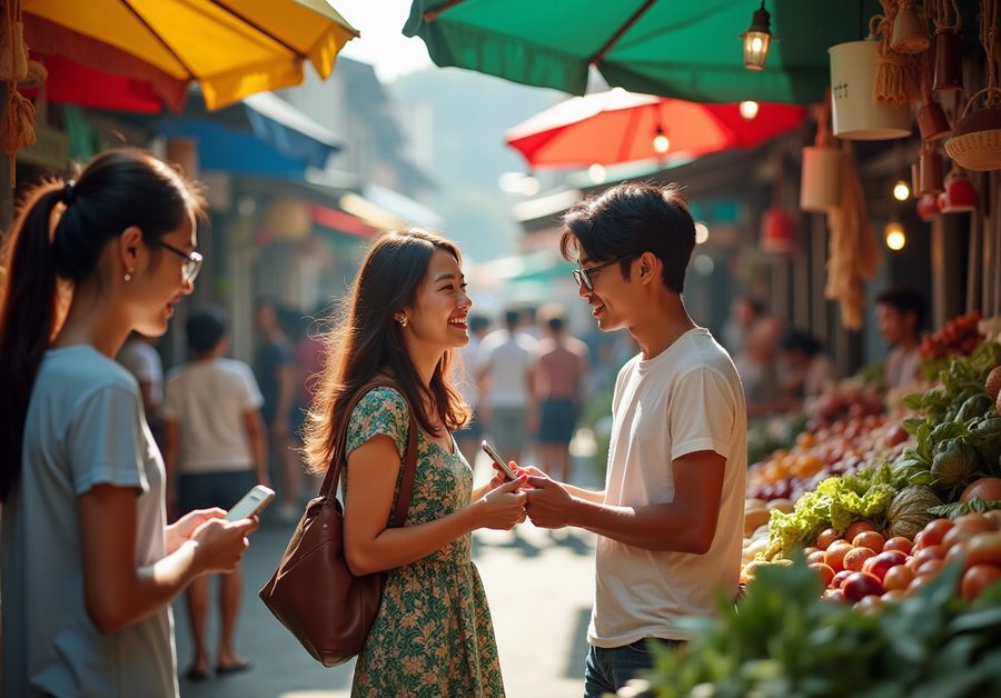 Young shoppers use mobile phones at a colorful outdoor produce market.