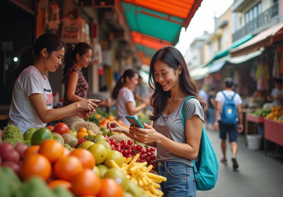 A shopper uses her phone while selecting fruit at a busy street market.