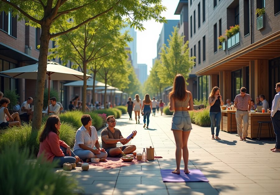 People relax, walk, dine, and practice yoga in a tree-lined urban neighborhood.