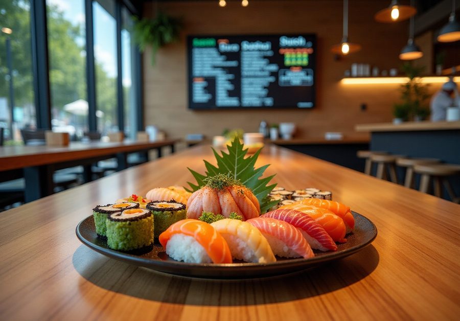 A platter of assorted sushi is served on a restaurant table.