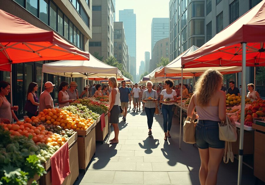 Shoppers browse produce stalls at an outdoor city market.