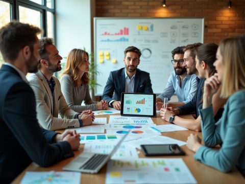 A business team discusses consumer research around a table covered with charts.