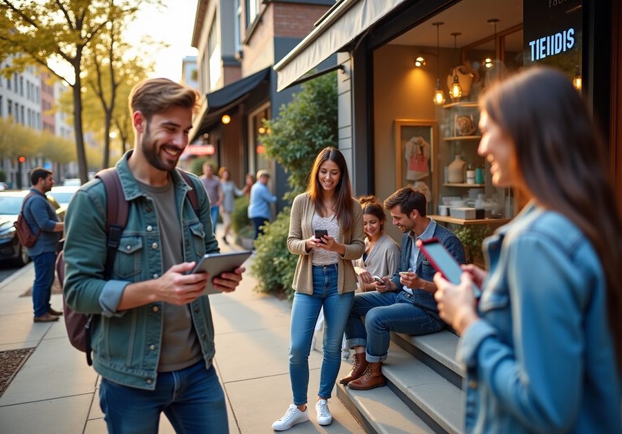 People use phones and a tablet outside neighborhood shops.