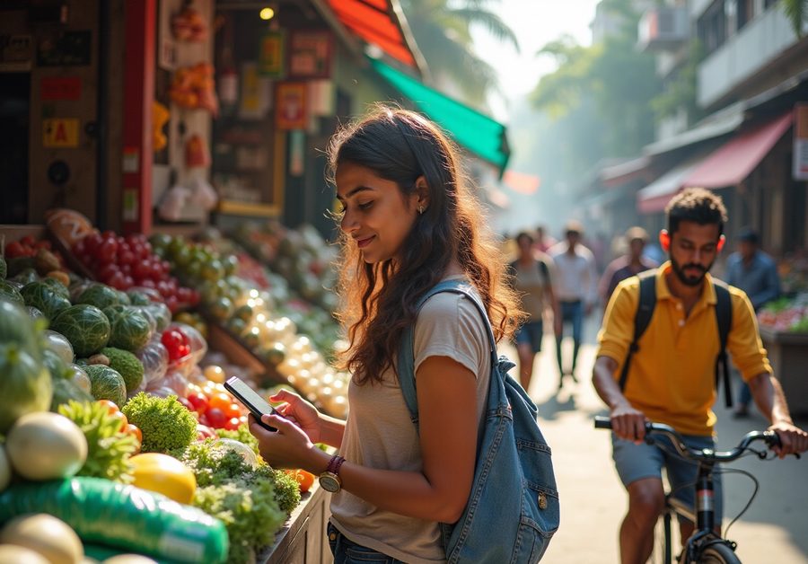 A shopper checks her phone at a street produce market as a cyclist passes.