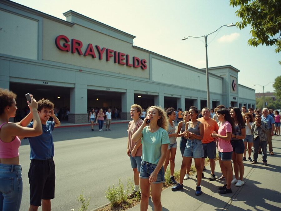 A crowd gathers and records videos outside a shopping center.