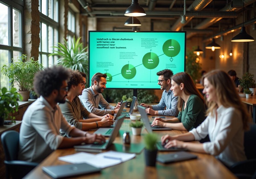 An entrepreneurial team works on laptops beneath a presentation showing growth charts.