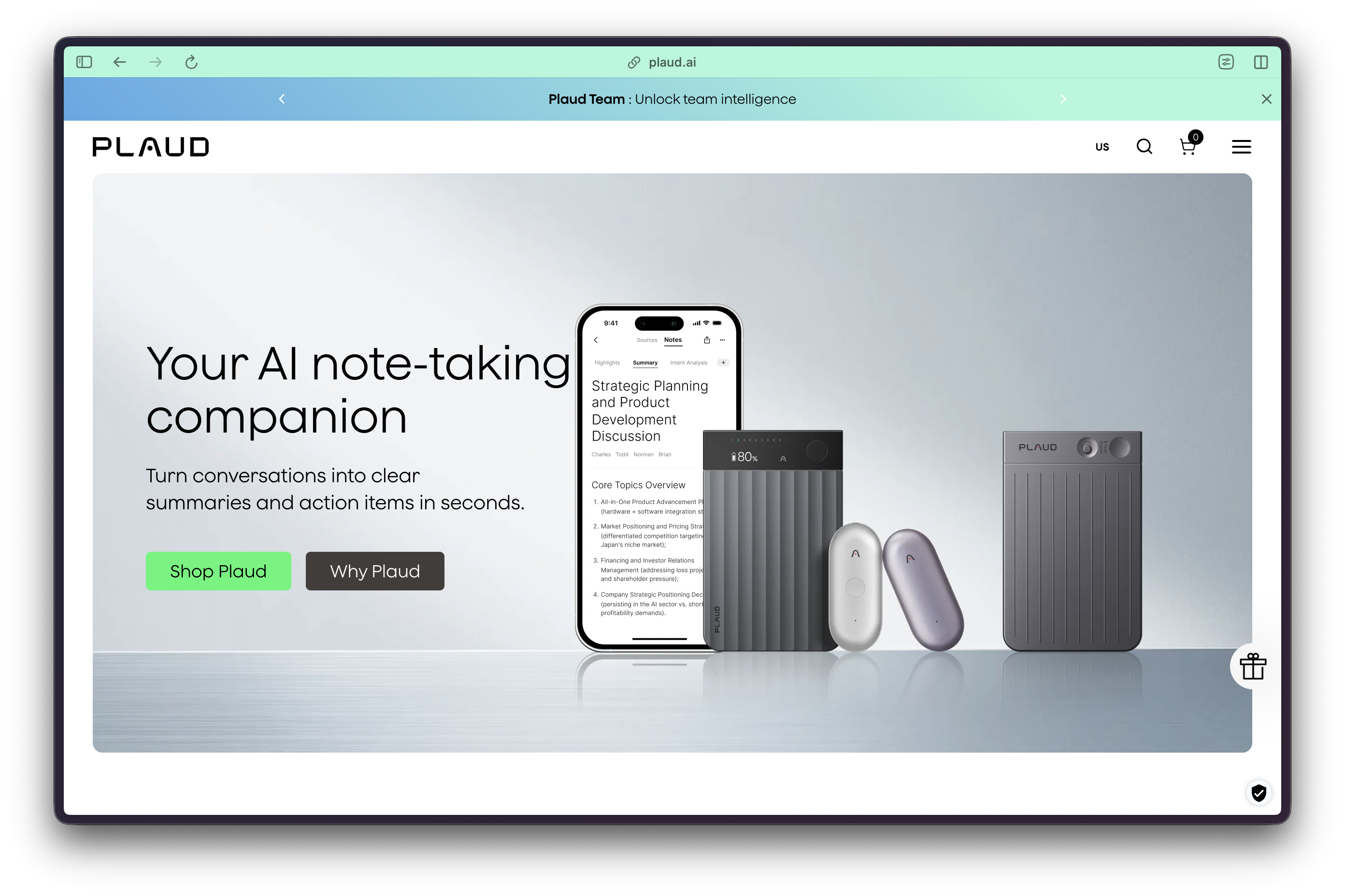 A Plaud AI notetaker is shown at true scale during a real-world meeting.