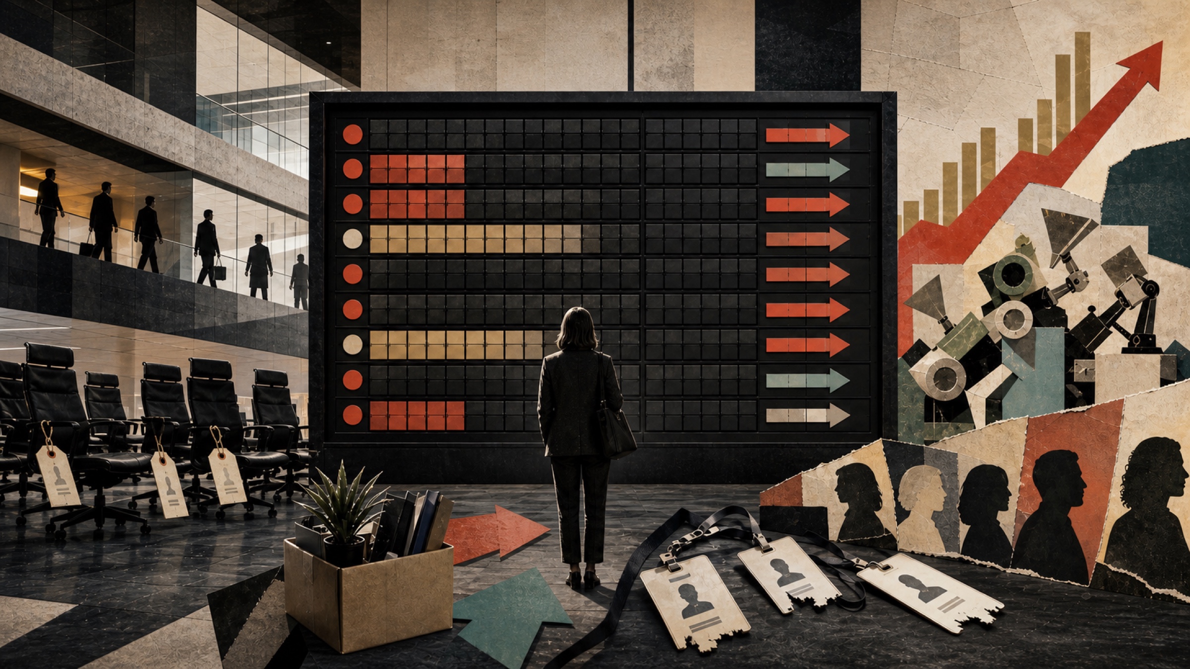 A worker studies a corporate departures board surrounded by empty chairs, severed badges, and rising profit arrows.