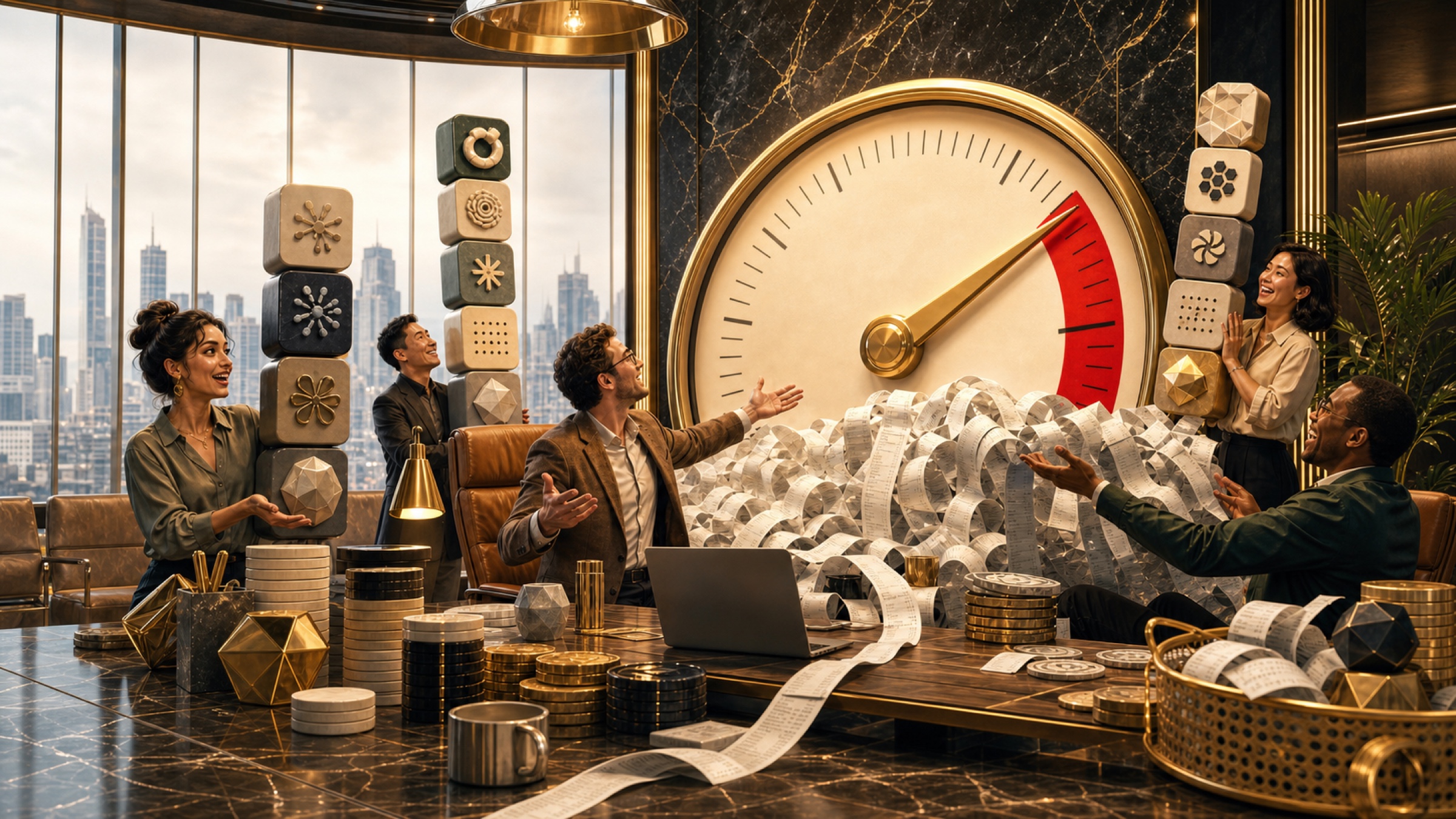 Office workers celebrate beside an oversized cost gauge and a mountain of AI expense receipts.