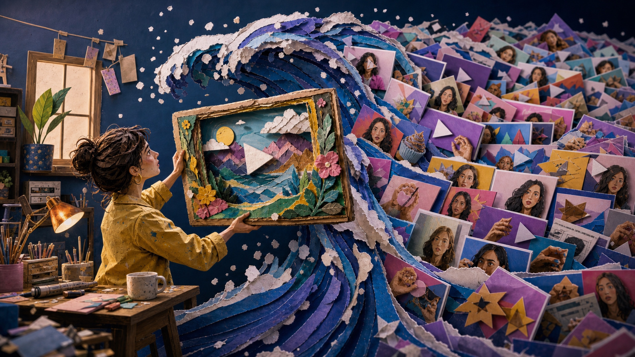 A human creator protects one handmade video frame from a wave of repetitive synthetic thumbnails.