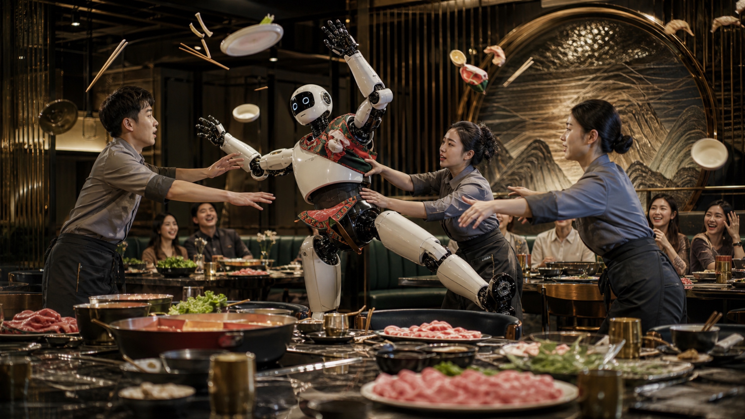 Restaurant staff restrain a dancing humanoid robot as plates and chopsticks scatter in a crowded dining room.