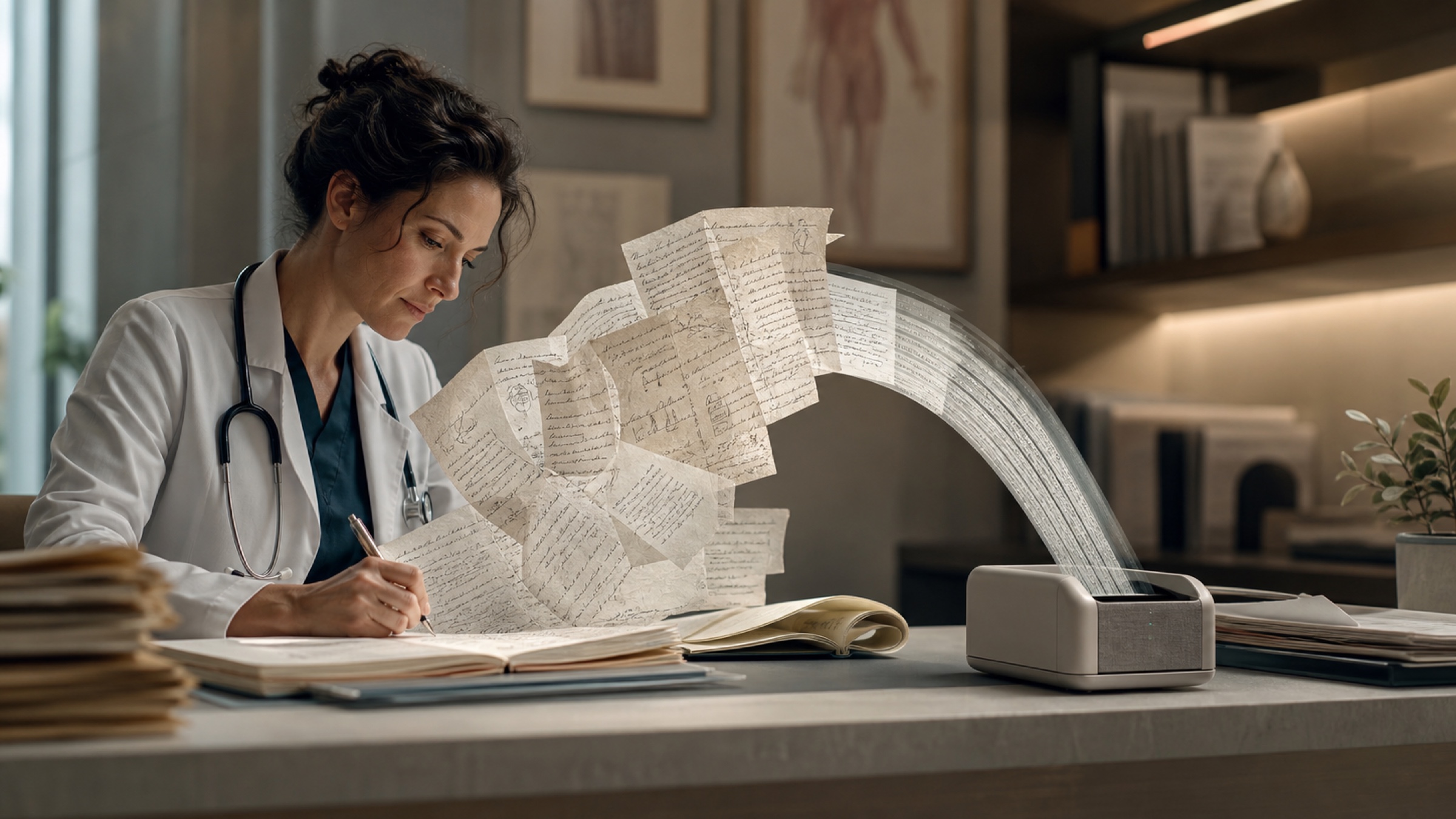 A physician’s handwritten clinical notes flow into an automated transcription machine beside a patient chart.