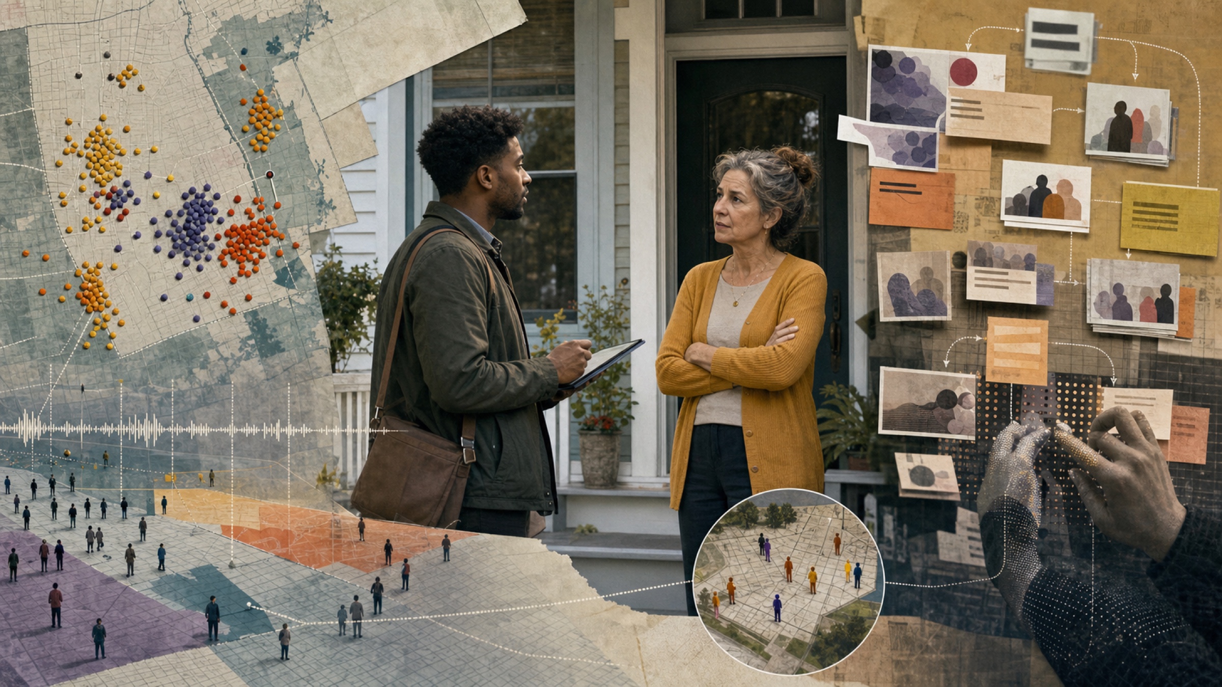 A doorstep political conversation passes through layered maps, audio waves, and voter clusters.