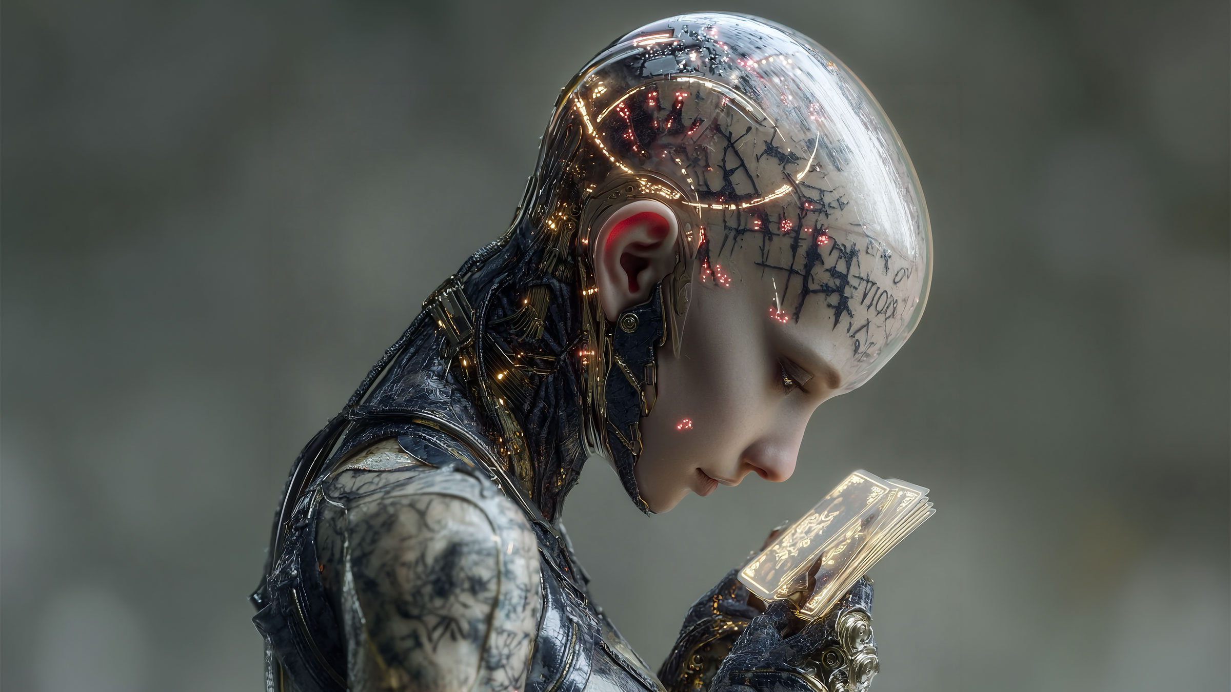 A humanoid machine studies glowing memory cards, suggesting artificial memory and human forgetting.