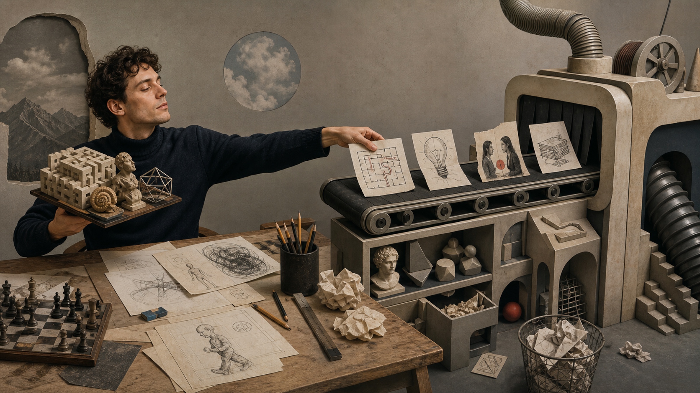 A person sends puzzles, sketches, and decisions down an AI conveyor while their own worktable empties.