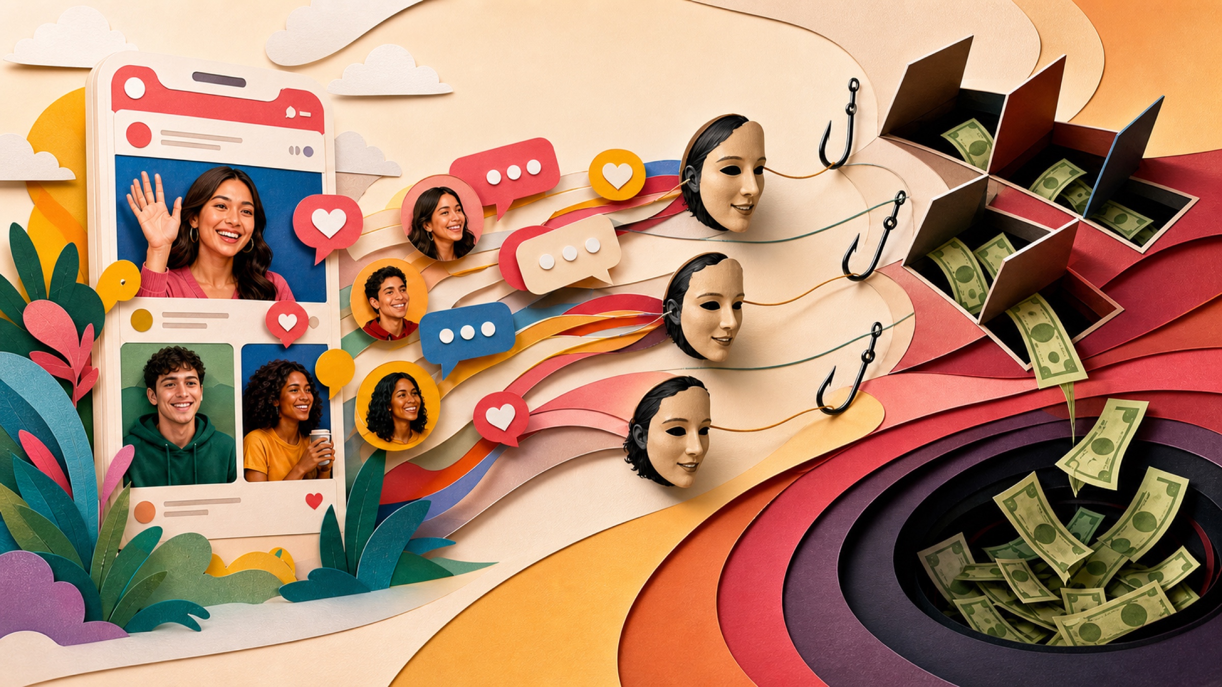 Friendly social profiles turn into masks and hooks that pull money into hidden online traps.