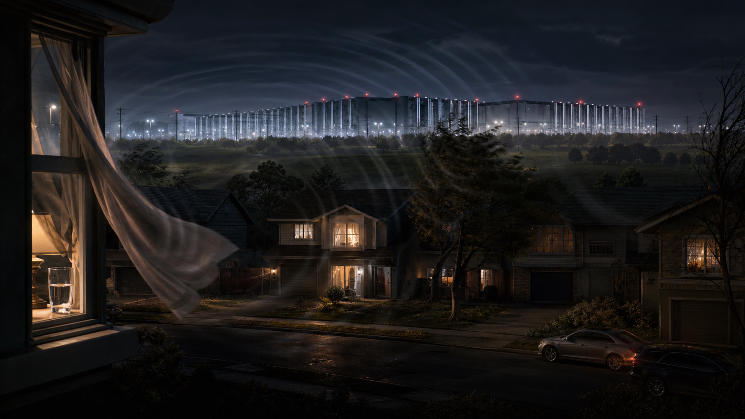 Low-frequency waves from a glowing data center bend windows, water glasses, and trees in a nearby neighborhood.