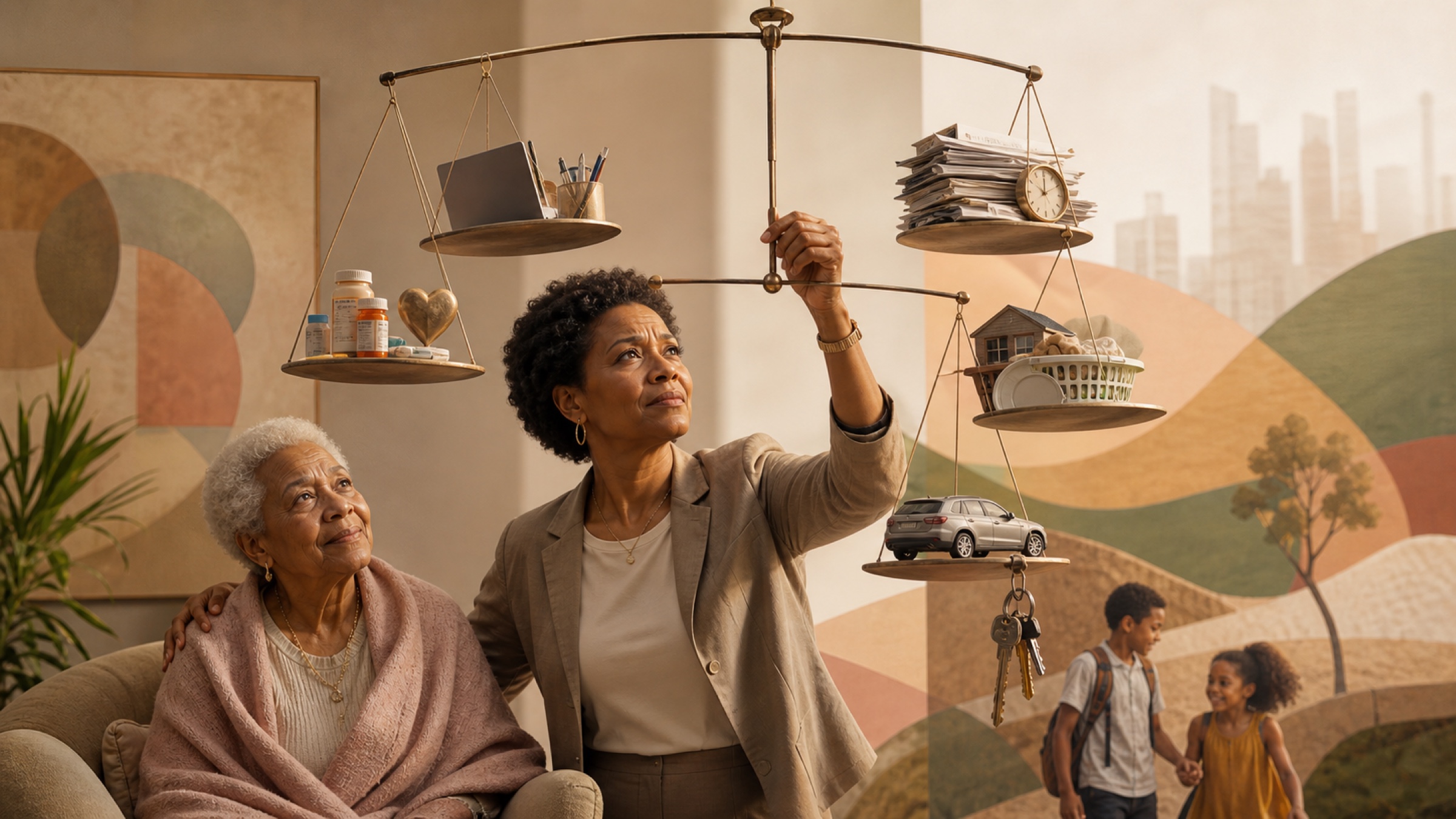 An adult balances an older parent’s care, work, medicine, bills, and household tasks on a mobile.