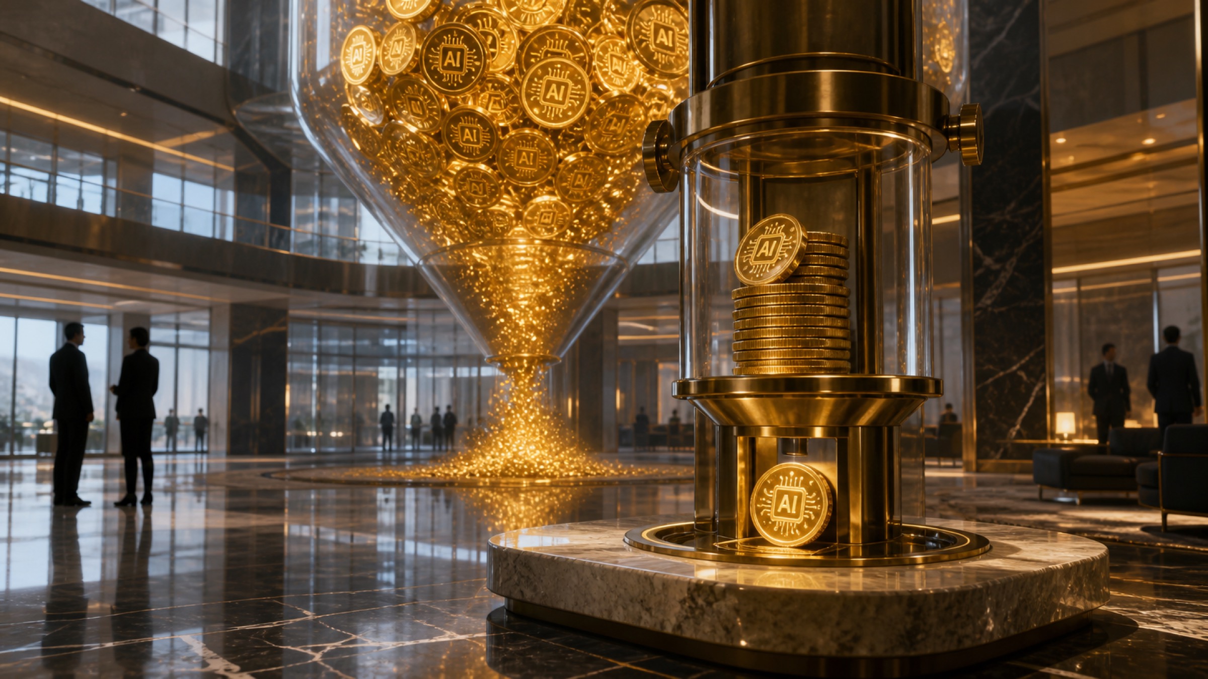 Office workers celebrate a shower of AI tokens while others wait at a nearly empty token dispenser.