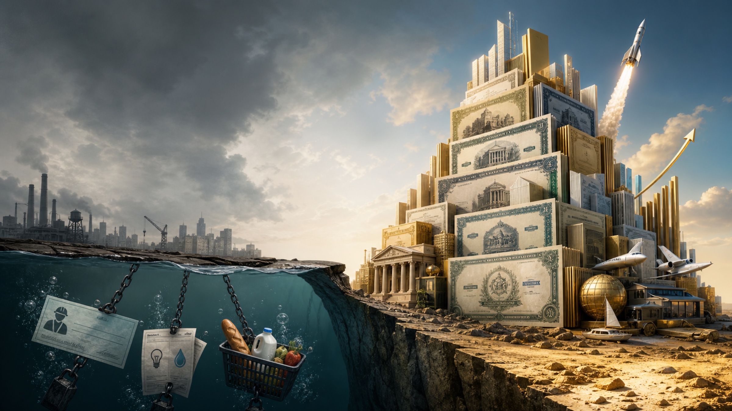 A worker’s paycheck and grocery basket sink as a tower of stock certificates rises across the same economy.