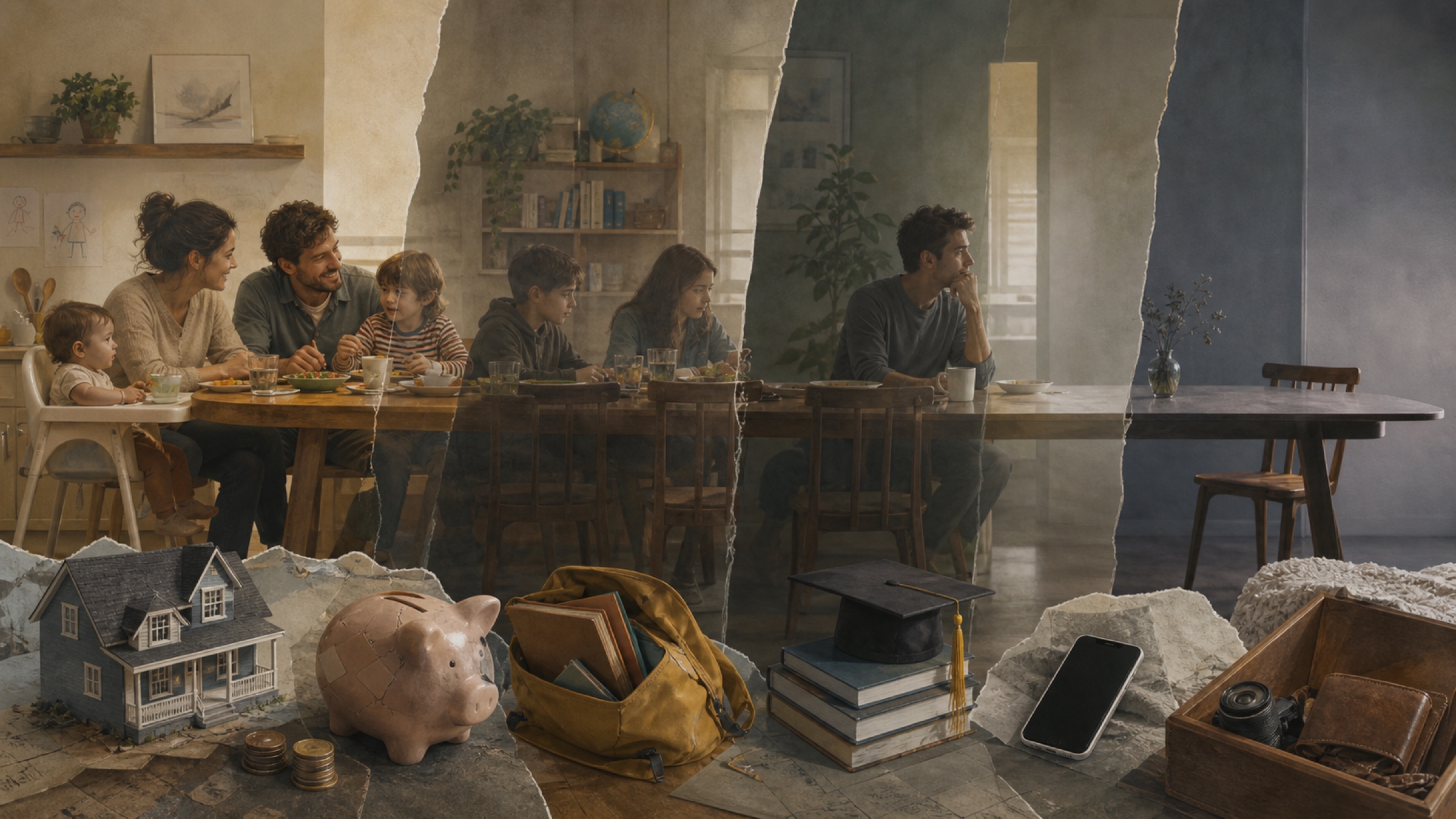 A family dining table loses occupied chairs across layers of time as household costs gather nearby.